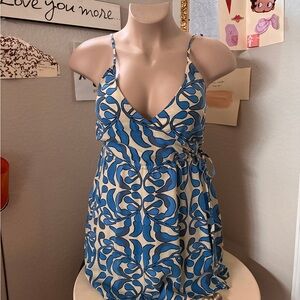 Blue and Cream Abstract Print Wrap Tank Dress